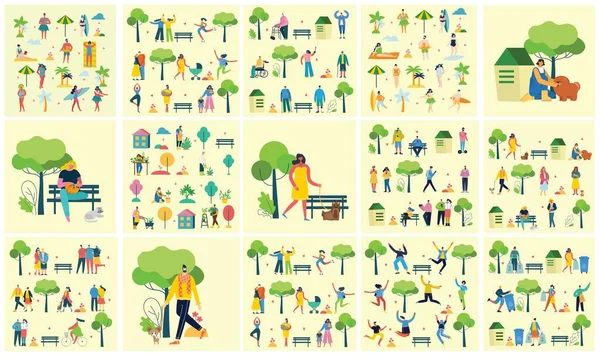 Fondos de ilustración vectorial de personas de grupo caminando al aire libre en el parque en fin de semana — Vector de stock