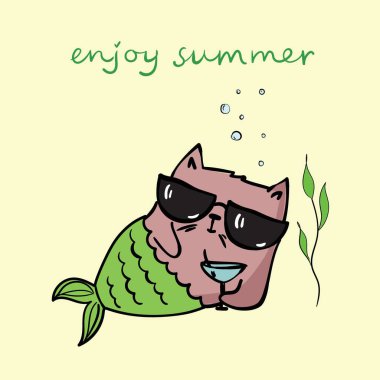 Şirin kedi denizkızı, çocuklar için vektör çizimi