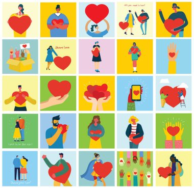 İhtiyacın olan tek şey aşk. Aşk masajı gibi kalbi olan insanlar. Sevgililer Günü resimli kartlar. Düz stil seven mutlu çiftler.