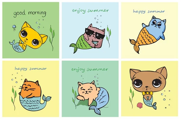 Roztomilé Kočka Mořská Panna Vektorové Kreslené Karty Pro Děti — Stockový vektor