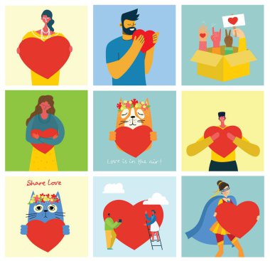 İhtiyacın olan tek şey aşk. Aşk masajı gibi kalbi olan insanlar. Sevgililer Günü resimli kartlar. Düz stil seven mutlu çiftler.