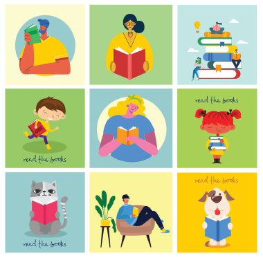 Dünya Kitap Günü 'nün vektör konsepti illüstrasyonları, kitap ve kitap festivalini düz bir şekilde okumak. İnsanlar oturur, durur, yürür ve kitap okurlar.