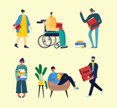 Dünya Kitap Günü 'nün vektör konsepti illüstrasyonları, kitap ve kitap festivalini düz bir şekilde okumak. İnsanlar oturur, durur, yürür ve kitap okurlar.