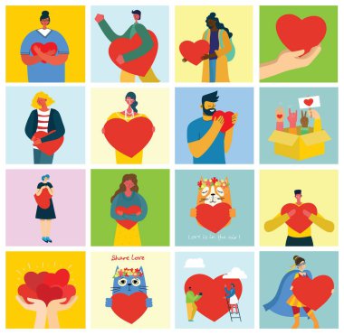 İhtiyacın olan tek şey aşk. Aşk masajı gibi kalbi olan insanlar. Sevgililer Günü resimli kartlar. Düz stil seven mutlu çiftler.