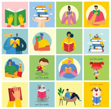 Dünya Kitap Günü 'nün vektör konsepti illüstrasyonları, kitap ve kitap festivalini düz bir şekilde okumak. İnsanlar oturur, durur, yürür ve kitap okurlar.