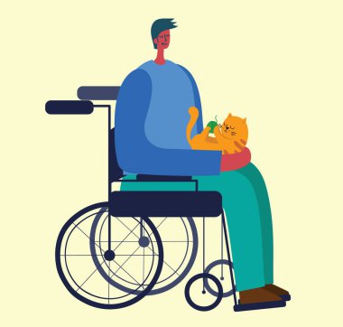 Evcil hayvanlarını tutan engelli bir adam. Renkli vektör illüstrasyonu.