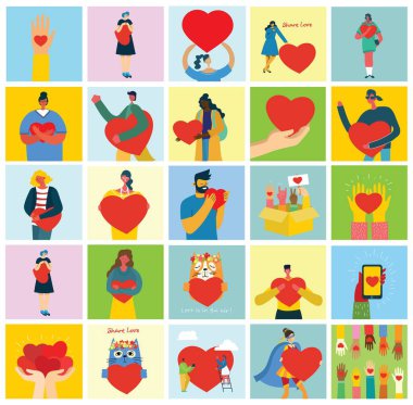 İhtiyacın olan tek şey aşk. Aşk masajı gibi kalbi olan insanlar. Sevgililer Günü resimli kartlar. Düz stil seven mutlu çiftler.