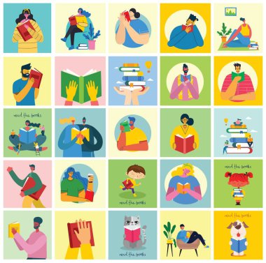 Dünya Kitap Günü 'nün vektör konsepti illüstrasyonları, kitap ve kitap festivalini düz bir şekilde okumak. İnsanlar oturur, durur, yürür ve kitap okurlar.