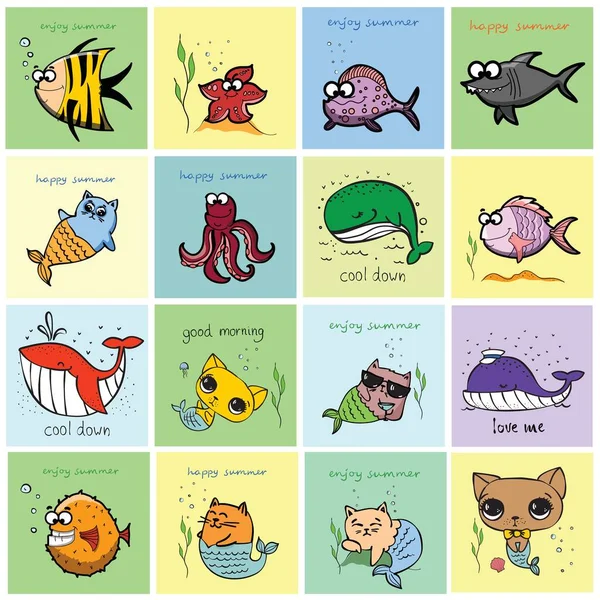 Gato Bonito Sereias Cães Peixes Baleias Praia Cartões Ilustração Doodle —  Vetores de Stock