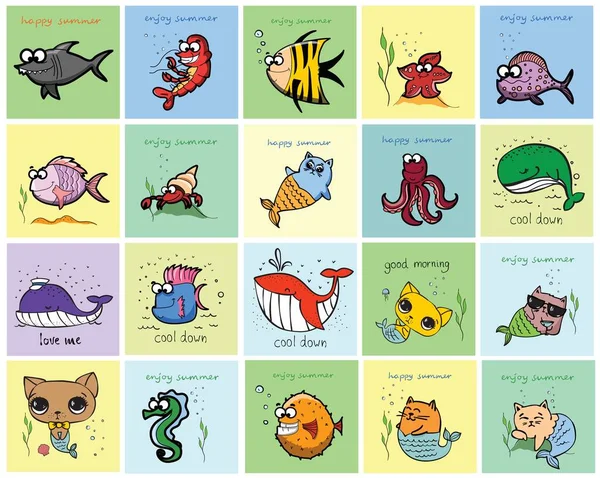 Cute cat mermaids, vector doodle illustration for kids — Stock Vector