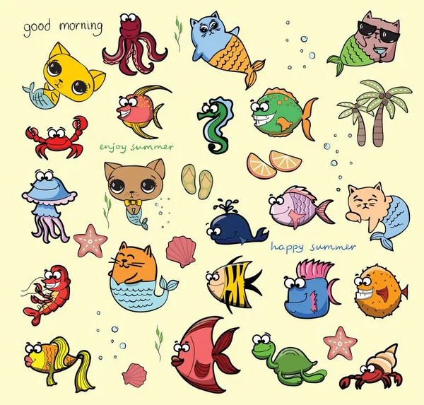Mignon chat sirènes, illustration vectorielle doodle pour les enfants — Image vectorielle