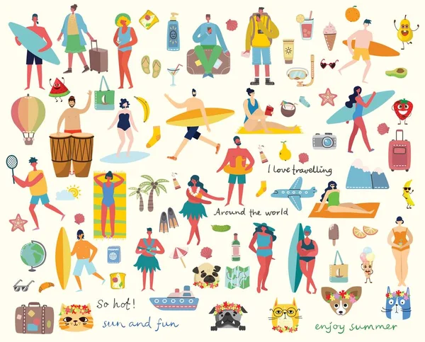 Set of different vector summer people and icons — Stock Vector