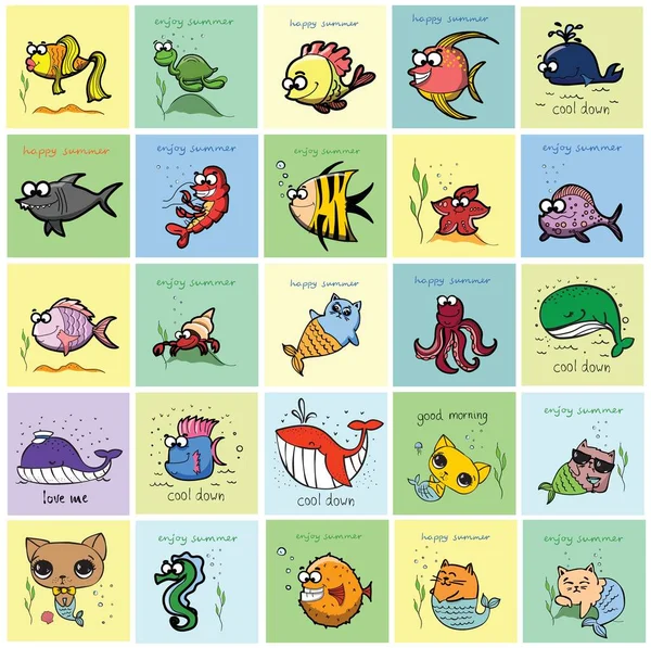 Chat Mignon Sirènes Chien Poissons Baleines Sur Plage Cartes Vectorielles — Image vectorielle