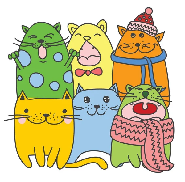 Imagem com gatinhos bonitos gangue. Esboço de gatos doodle engraçado. —  Vetores de Stock