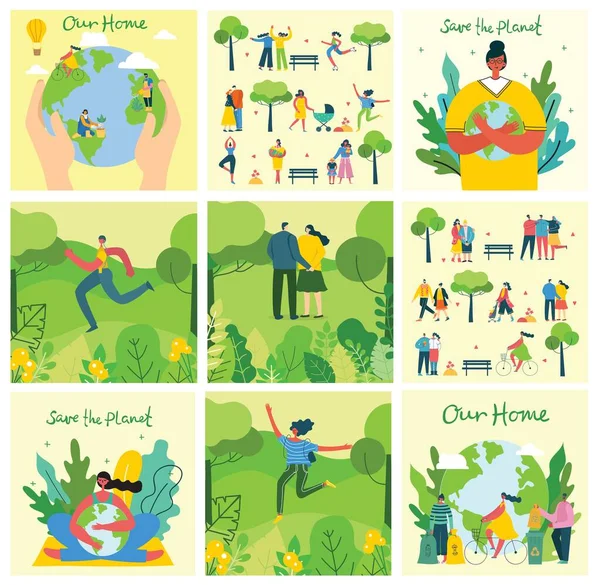Set of eco save environment pictures. People taking care of planet collage. Zero waste, think green, save the planet, our home hand written text — Stock Vector