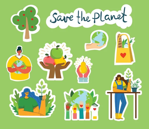Σετ οικολογικών εικόνων για εξοικονόμηση περιβάλλοντος. Ανθρώπους που φροντίζουν τον πλανήτη Κολάζ. Μηδέν απόβλητα, σκεφτείτε πράσινο, να σώσει τον πλανήτη, το σπίτι χέρι μας γραπτό κείμενο — Διανυσματικό Αρχείο
