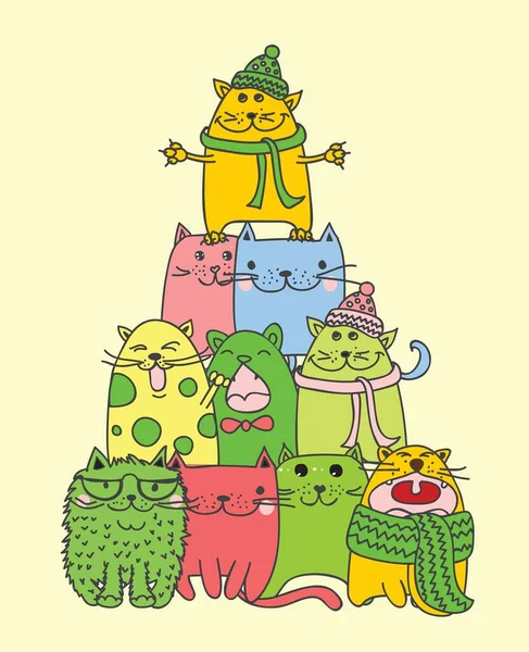 Kami mengucapkan Selamat Natal dan Tahun Baru yang bahagia. Kartu liburan bergaya dengan kucing lucu di vektor. Latar belakang kartun terang dengan pohon Natal dengan kucing - Stok Vektor