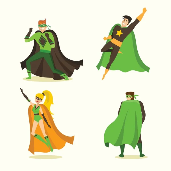 Çizgi Roman Kostümü Giymiş Kadın Erkek Süper Kahramanların Düz Dizaynındaki — Stok Vektör