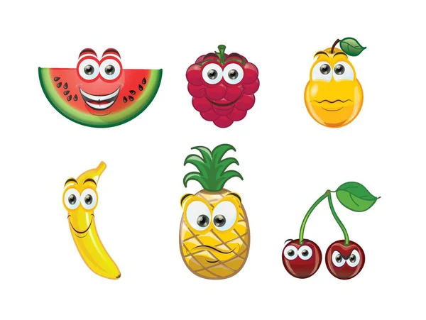 Glossy Fruit Set Cute Face Cartoon Style — Stock Vector
