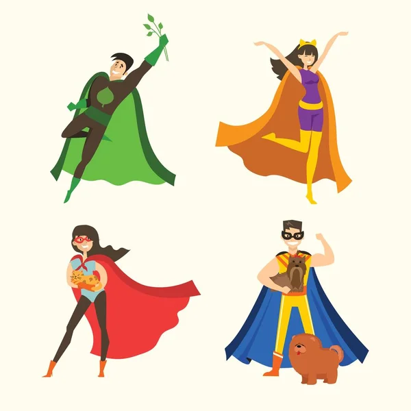 Ilustraciones Vectoriales Diseño Plano Superhéroes Femeninos Masculinos Cómics Divertidos Disfraz — Vector de stock