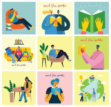 Dünya Kitap Günü 'nün vektör konsepti illüstrasyonları, kitap ve kitap festivalini düz bir şekilde okumak. İnsanlar oturur, durur, yürür ve kitap okurlar.