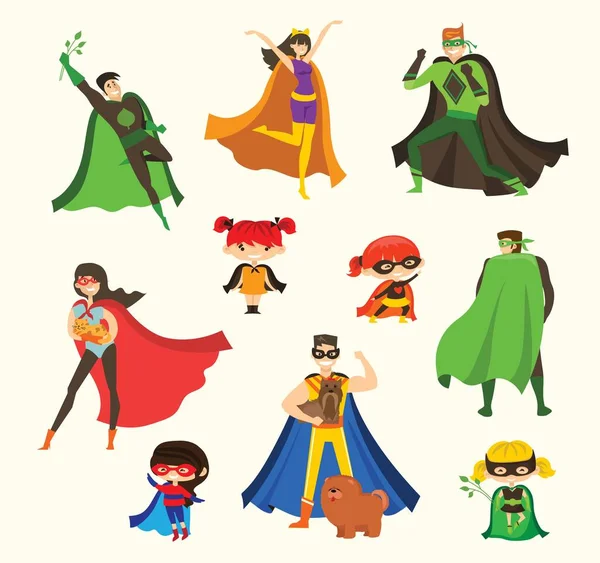 Ilustraciones Vectoriales Diseño Plano Superhéroes Femeninos Masculinos Cómics Divertidos Disfraz — Vector de stock