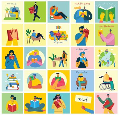 Dünya Kitap Günü 'nün vektör konsepti illüstrasyonları, kitap ve kitap festivalini düz bir şekilde okumak. İnsanlar oturur, durur, yürür ve kitap okurlar.