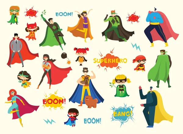 Vector Illustrations Flat Design Female Male Superheroes Funny Comics Costume — Stock Vector