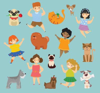 Evcil köpekleri ve kedileri düz stil olan sevimli mutlu çocuklar.