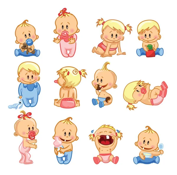 Vector Illustration Baby Boys Baby Girls Daily Routine Set Cute — Stock Vector