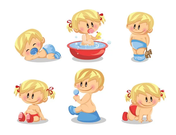 Vector Illustratie Van Baby Jongens Baby Meisjes Dagelijkse Routine Set — Stockvector