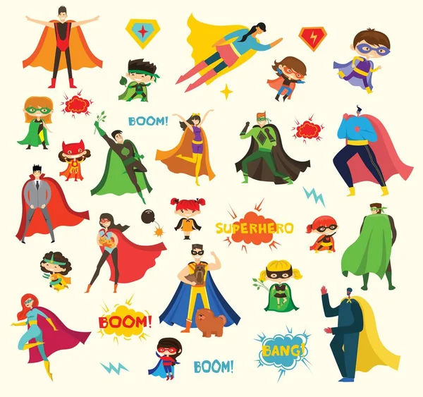 Vector Illustrations Flat Design Female Male Superheroes Funny Comics Costume — Stock Vector