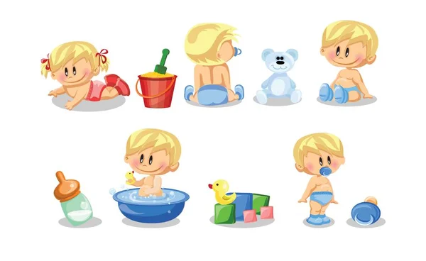 Vector Illustratie Van Baby Jongens Baby Meisjes Dagelijkse Routine Set — Stockvector