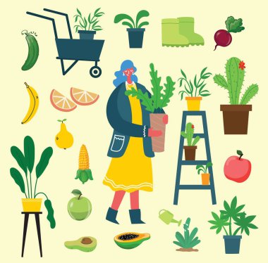 İnsanlar yaz bahçıvanlığı - vektör düz el çizimleri insanların bahçe işleri - sulama, ekme