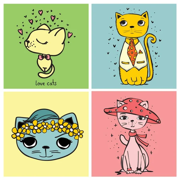 Ilustraciones de tarjetas dulces con gatos lindos. Ilustración vectorial — Archivo Imágenes Vectoriales