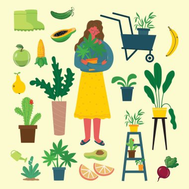 İnsanlar yaz bahçıvanlığı - bir dizi vektör düz el çizilmiş bahçe işi - sulama, ekme, yetiştirme ve nakil filizleri