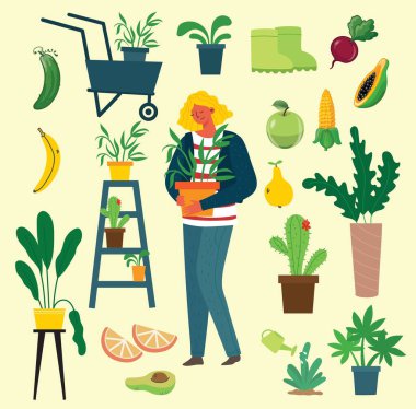 İnsanlar yaz bahçıvanlığı - bir dizi vektör düz el çizilmiş bahçe işi - sulama, ekme, yetiştirme ve nakil filizleri