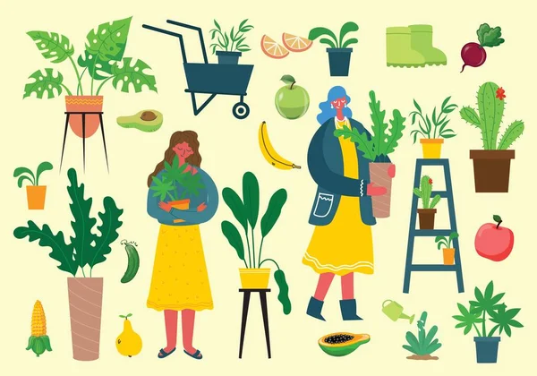 Gente giardinaggio estivo - serie di vettoriali illustrazioni disegnate a mano piatta di persone che fanno lavoro in giardino - irrigazione, impianto — Vettoriale Stock