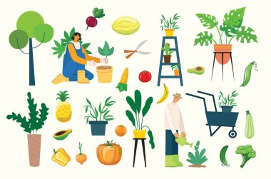 İnsanlar yaz bahçıvanlığı - bir dizi vektör düz el çizimi bahçe işi yapan insanlar - sulama, ekme, büyüme ve nakil filizleri, kendi kendine yetme konsepti