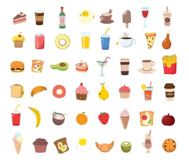 Büyük set yiyecekleri, düz stil. Meyve, sebze, et, ekmek, fast food, şeker. Beyaz arkaplanda yemek simgesi izole edildi. İçindekiler koleksiyonu