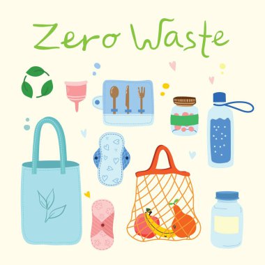 Elle çizilmiş sıfır atık yaşam elementleri. Eko tarzı. Plastik yok. Düz stil yeşil