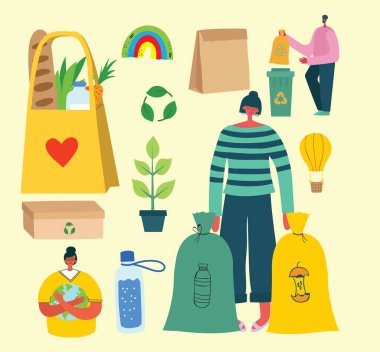 Elle çizilmiş sıfır atık yaşam elementleri. Eko tarzı. Plastik yok. Düz stil yeşil