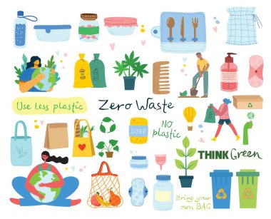 Elle çizilmiş sıfır atık yaşam elementleri. Eko tarzı. Plastik yok. Düz stil yeşil
