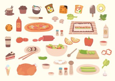 Büyük set yiyecekleri, düz stil. Meyve, sebze, et, ekmek, fast food, şeker. Beyaz arkaplanda yemek simgesi izole edildi. İçindekiler koleksiyonu