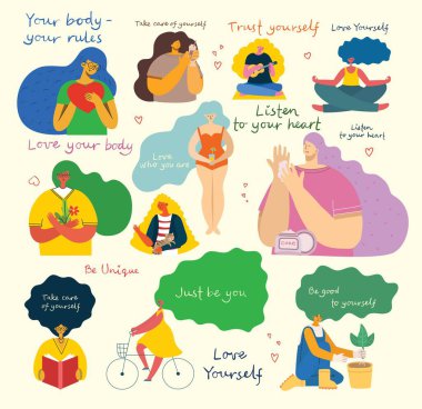 Kalbinin sesini dinle. Kendini sev. Metni olan vektör yaşam tarzı konsept kartı kendinizi düz stilde sevmeyi unutmayın