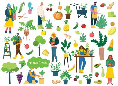 İnsanlar yaz bahçıvanlığı - bir dizi vektör düz el çizimi bahçe işi yapan insanlar - sulama, ekme, büyüme ve nakil filizleri, kendi kendine yetme konsepti