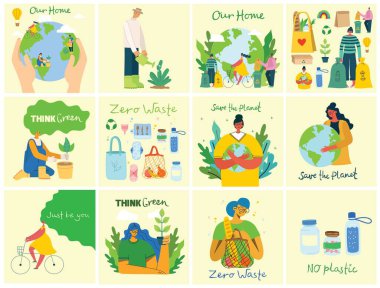 Elle çizilmiş sıfır atık yaşam elementleri. Eko tarzı. Plastik yok. Düz stil yeşil