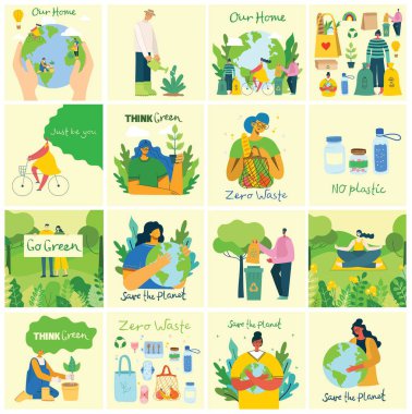 Elle çizilmiş sıfır atık yaşam elementleri. Eko tarzı. Plastik yok. Düz stil yeşil