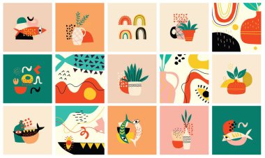 El, çeşitli rengarenk şekiller ve karalama nesneleri çizdi. Soyut modern trend vektör çizimi.