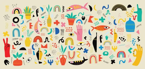 Ensemble de main dessiné diverses formes colorées et des objets doodle milieux. Illustration vectorielle moderne abstraite. — Image vectorielle